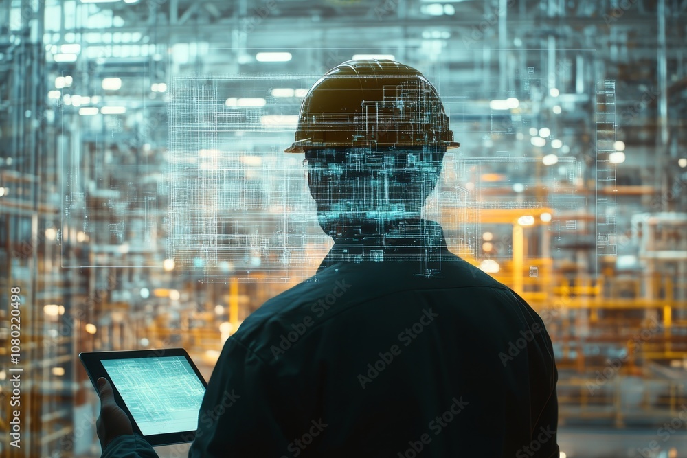 Poster engineer overseeing virtual hologram of factory with design sketch and blueprint overlay