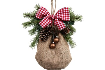 Burlap bell door. Everyone with a red gingham bow, jute string, and evergreen berries hanging on the wall