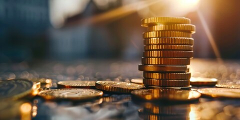 gold coin stack close up shot sunlight bokeh and blur background money currency