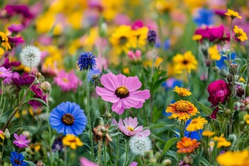 Fototapeta premium A vibrant field of wildflowers showcasing colorful cosmos, zinnias, daisies, and sunflowers