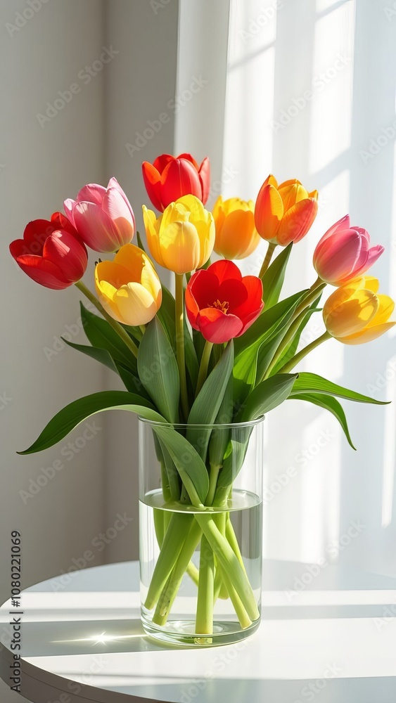 Poster a vase of tulips sits on a table in a room with a window