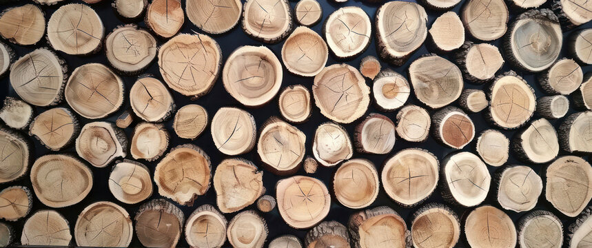 round pine wood slices on wall decoration stack
