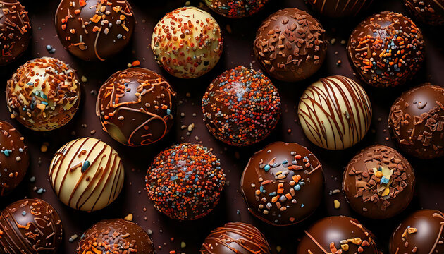 Chocolate candies with colorful sprinkles creating a delightful and tempting background