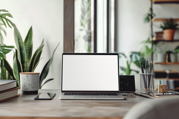 Fototapeta premium Laptop with blank screen on desk at home. Computer on desk in office. Technology, business concept