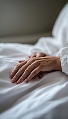 Close up of caring hands on hospital bed  a female patient in medical gown symbolizing care