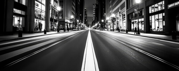 High-contrast black and white photo of a city street illuminated by artificial lights, sharp shadows, moody ambiance