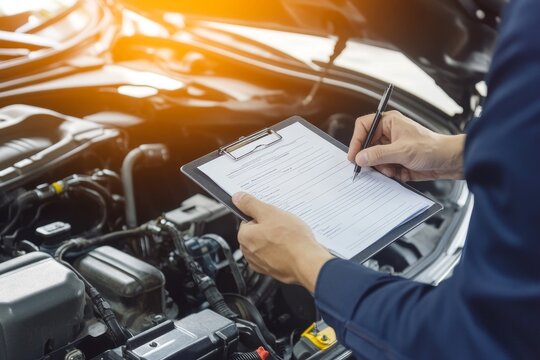 Mechanic explains vehicle maintenance checklist to customer in auto repair garage setting