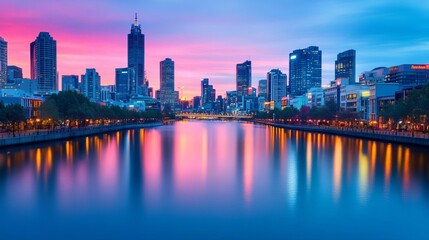 Fototapeta premium High-contrast shot of a city skyline reflecting on a river, intense artificial lighting, dynamic colors