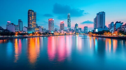 High-contrast shot of a city skyline reflecting on a river, intense artificial lighting, dynamic colors