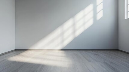 Minimalist room with a single artificial light source, casting sharp shadows, modern interior design