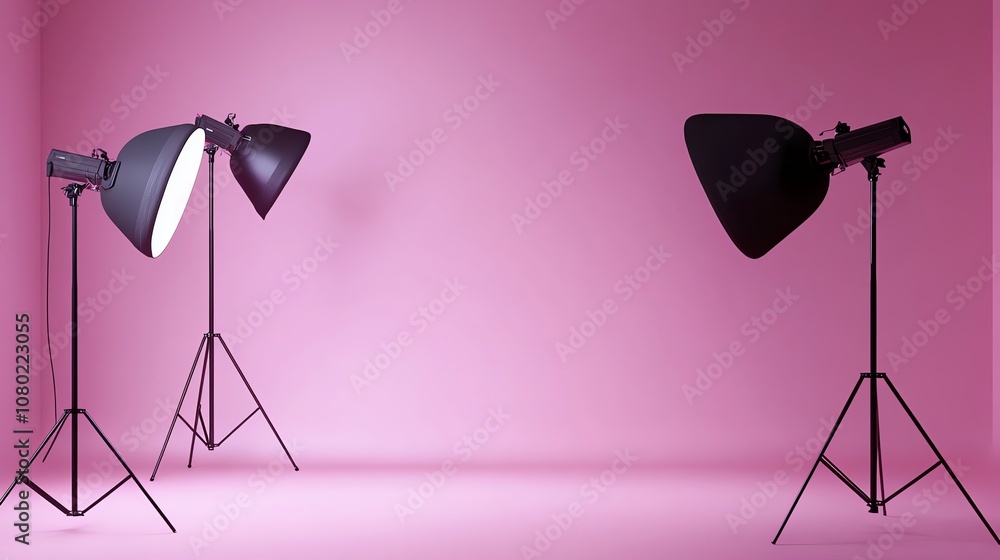 Poster two studio lights with softboxes are set up in a room with a pink backdrop.