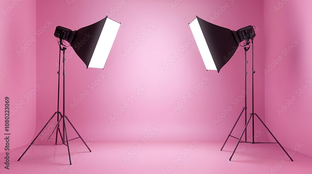 Aufkleber two studio lights with softboxes are set up in a room with a pink backdrop.