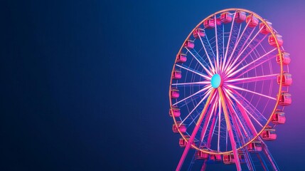 Night scene of a Ferris wheel glowing against a dark sky, extreme artificial contrast, vibrant carnival colors