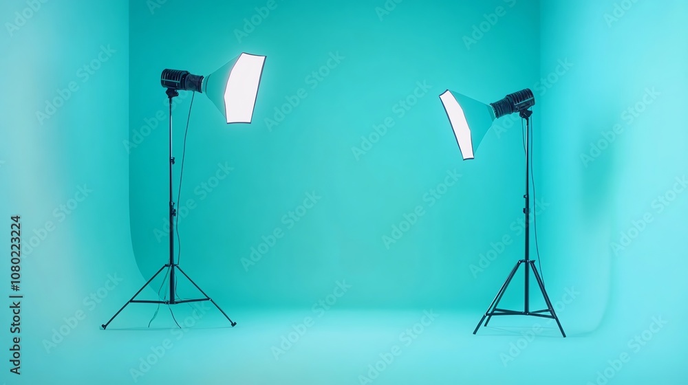 Poster two studio lights with softboxes are set up in a room with a blue backdrop.