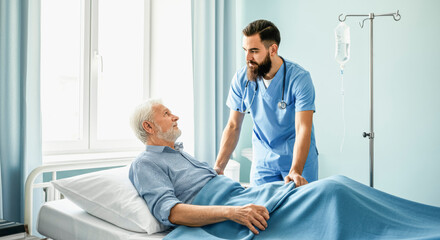 Obraz premium Healthcare professional attending to elderly patient in hospital room
