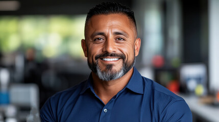 Fototapeta premium A smiling man with a beard wears a blue shirt, exuding confidence in a modern office setting.