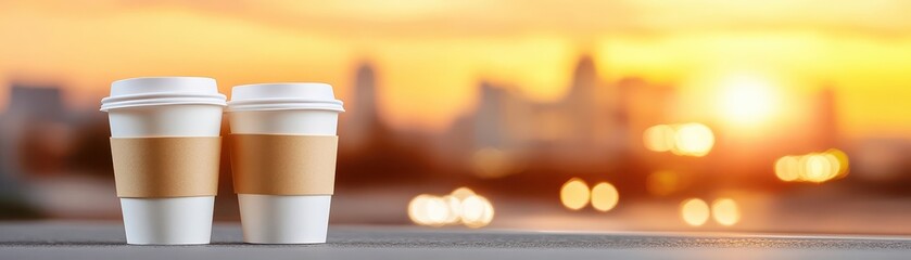 Enjoy the city skyline view with two coffee cups, perfect morning or evening break