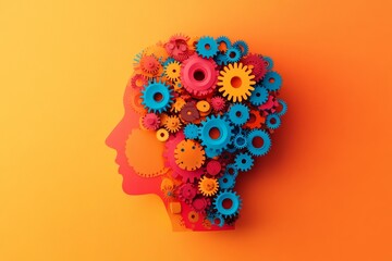 Abstract human head formed by gears symbolizing creative business thinking in vibrant colors