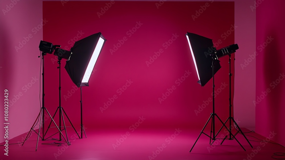 Aufkleber two studio lights with softboxes are set up in a room with a pink backdrop.