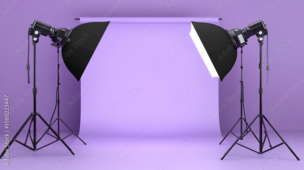 Poster two studio lights with softboxes are set up in a room with a purple backdrop.