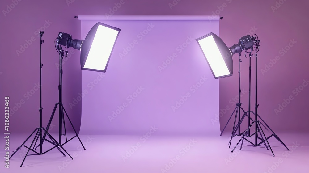 Poster two studio lights with softboxes are set up in a room with a purple backdrop.