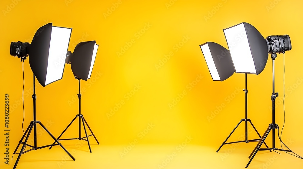 Poster a photo studio with two lights and softboxes set up against a yellow backdrop.