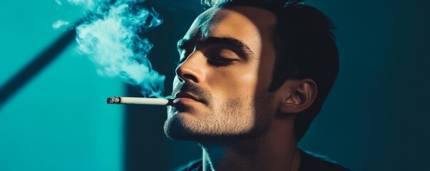 Fototapeta premium Portrait of a man smoking under harsh artificial lighting, deep shadows, high contrast, cinematic style