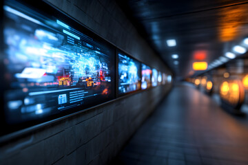 Fototapeta premium A futuristic cityscape with holographic advertisements and information panels lighting up the streets. A city illuminated by holographic displays.