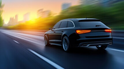 Golden hour city drive, car on city street during sunset