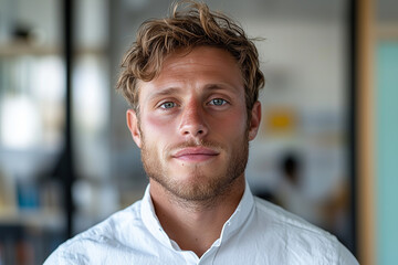 Naklejka premium close up of professional man in bright office setting, showcasing confidence and focus. His casual yet polished appearance reflects modern work environment