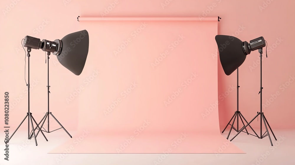Poster two studio lights with softboxes are set up in a room with a pink backdrop.