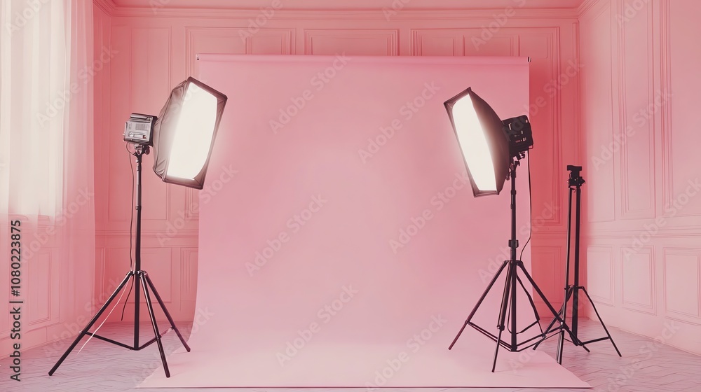 Aufkleber two studio lights with softboxes are set up in a room with a pink backdrop.