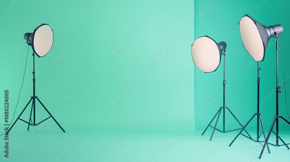 Aufkleber a photo studio with three studio lights with softboxes set up against a green backdrop.