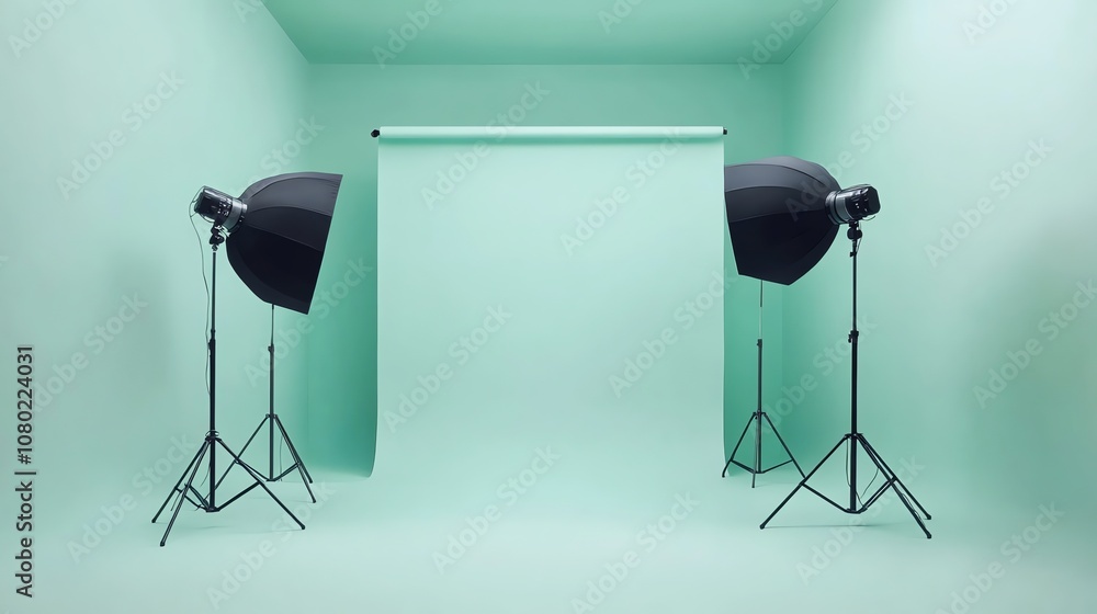 Poster a photo studio with two lights and softboxes set up against a green backdrop.