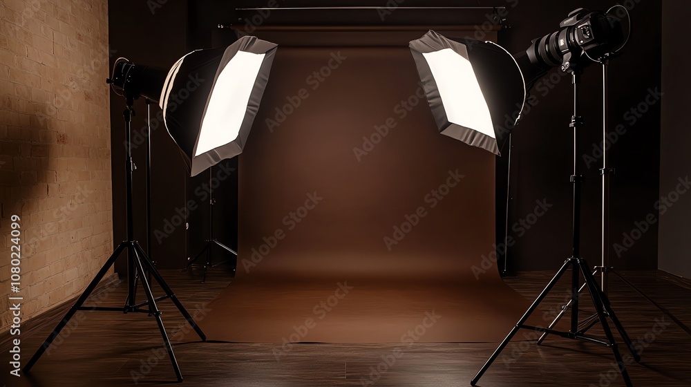 Aufkleber two studio lights with softboxes are set up in a room with a brown backdrop.