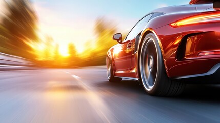 Red sports car on scenic road trip, thrilling adventure of speed, style and open freedom