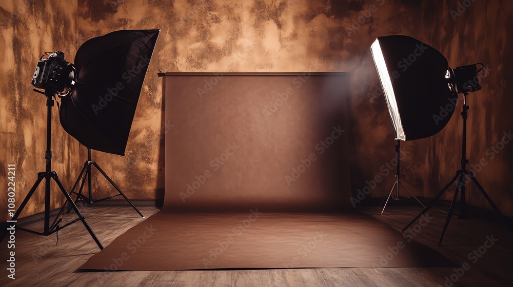 Aufkleber two studio lights with softboxes are set up in a room with a brown backdrop.