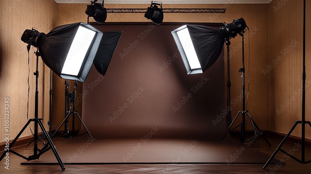 Aufkleber two studio lights with softboxes are set up in a room with a brown backdrop.