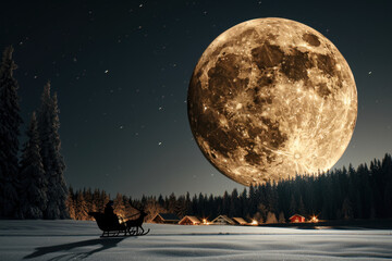 Naklejka premium Christmas Eve. Santa Claus and his reindeer fly across a starry night sky with a glowing full moon, leaving a sparkling trail. Snowy trees below add to the holiday magic. 