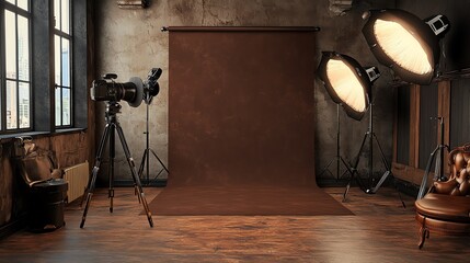 A photo studio with a brown backdrop and lights set up.