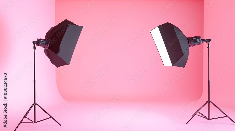 Aufkleber two studio lights with softboxes are set up in a room with a pink backdrop.