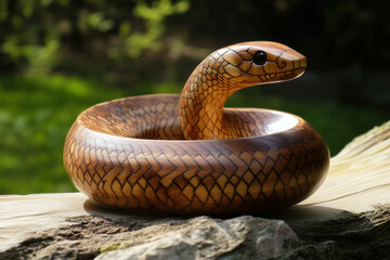 Fototapeta premium A snake carved as a wooden figurine, wood serpent, Lunar new year 2025 zodiac animal symbol gift souvenir.