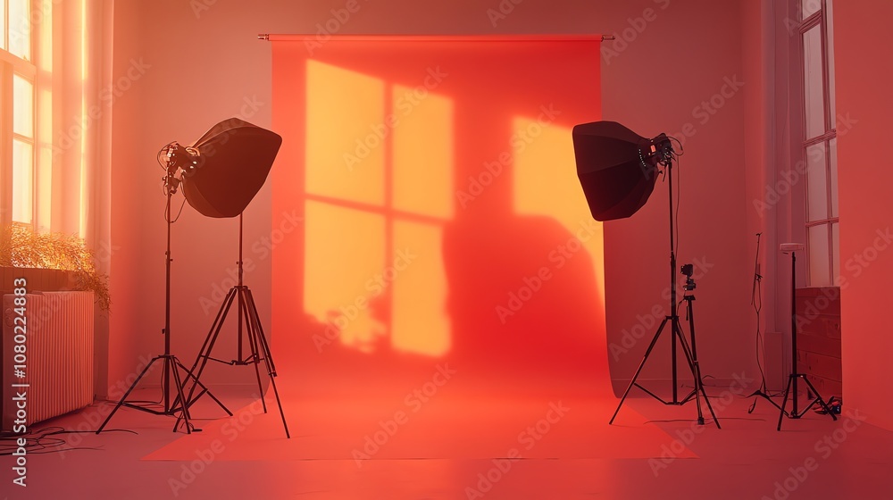 Poster a photo studio with two lights and softboxes set up against an orange backdrop.