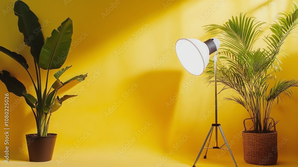 Poster a photo studio setup with a light and softbox and two plants against a yellow backdrop.