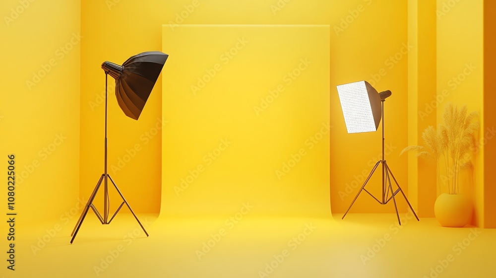 Aufkleber a photo studio with two lights and softboxes set up against a yellow backdrop.