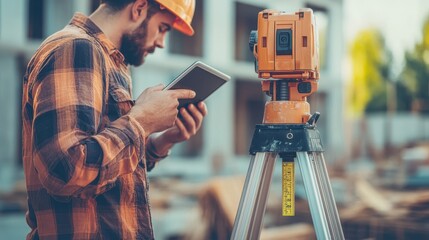 Close-up of a civil engineer holding a digital tablet, inspecting construction progress, and using a laser measure tool on a building site.