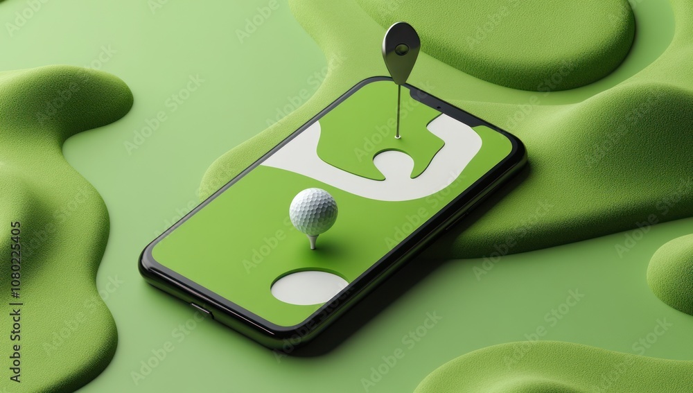 Poster a smartphone displaying a golf-themed game with a ball and hole on a green background.