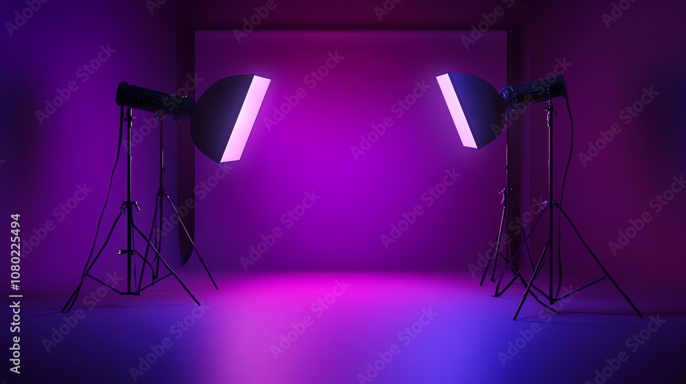 Poster two studio lights with softboxes are set up in a room with a purple backdrop.