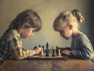 Two children deep in concentration while playing chess indoors on a cozy afternoon, capturing the essence of childhood