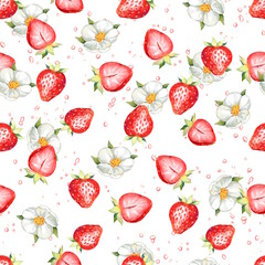 Red strawberries and flowers seamless pattern on white background.